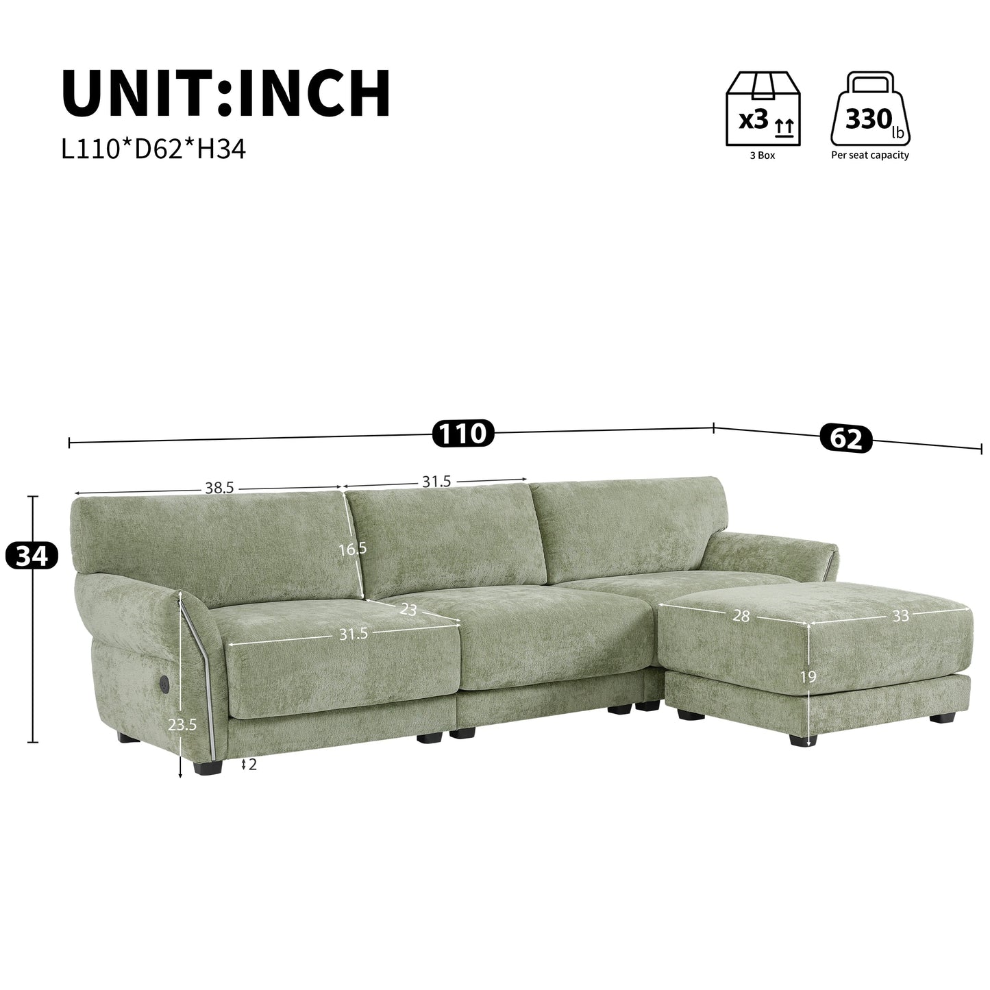 Canapé sectionnel en chenille de 110 pouces en forme de L avec chargement USB et Type-C, accoudoirs en pétales et pouf amovible pour le salon
