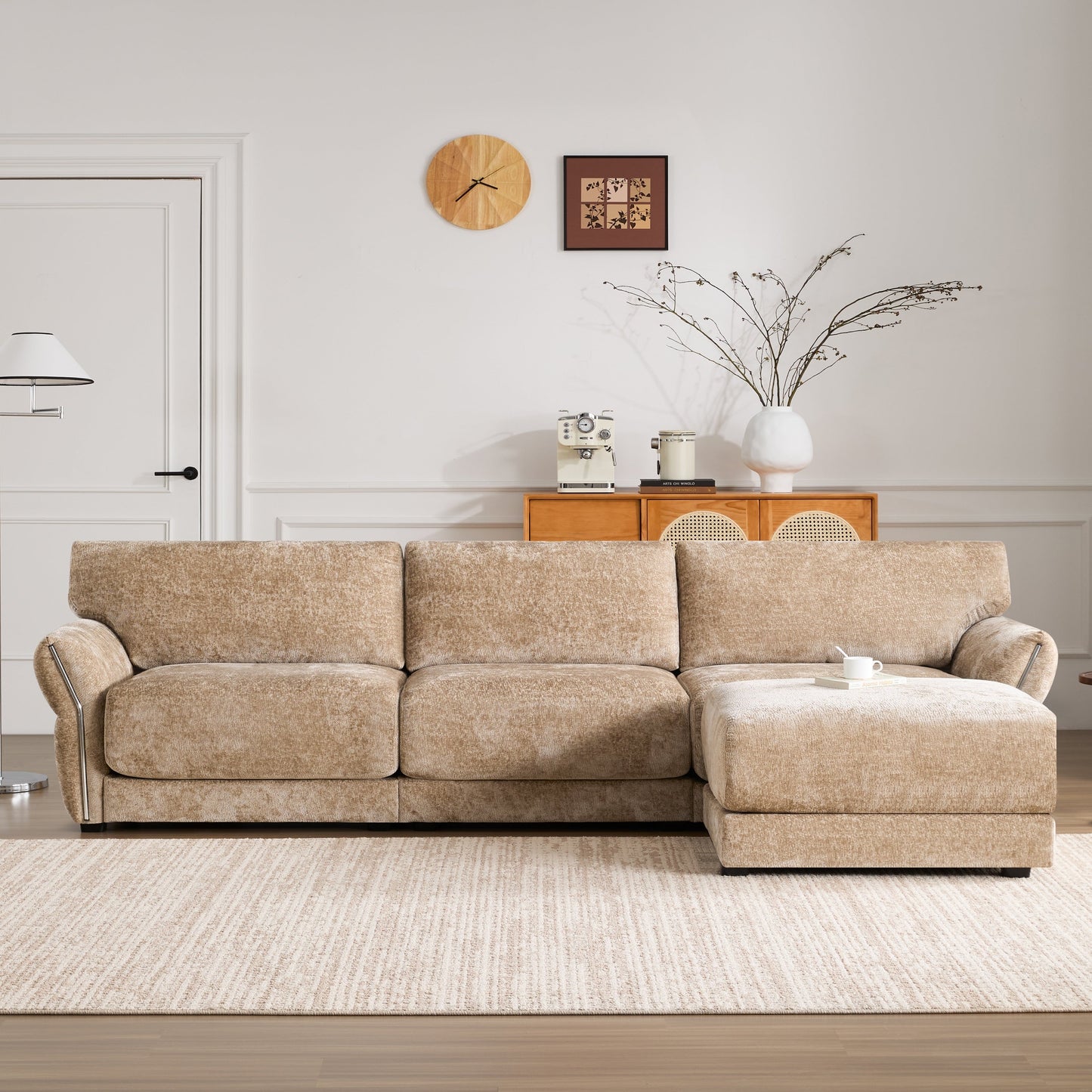 Canapé sectionnel en chenille de 110 pouces en forme de L avec chargement USB et Type-C, accoudoirs en pétales et pouf amovible pour le salon