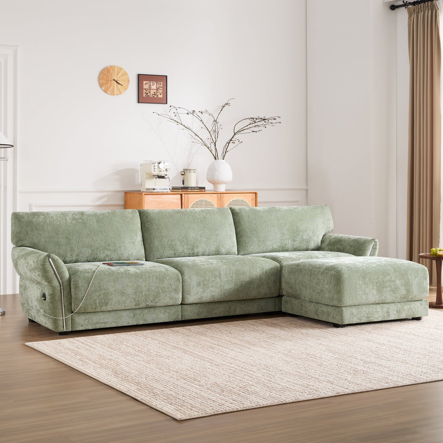 Canapé sectionnel en chenille de 110 pouces en forme de L avec chargement USB et Type-C, accoudoirs en pétales et pouf amovible pour le salon