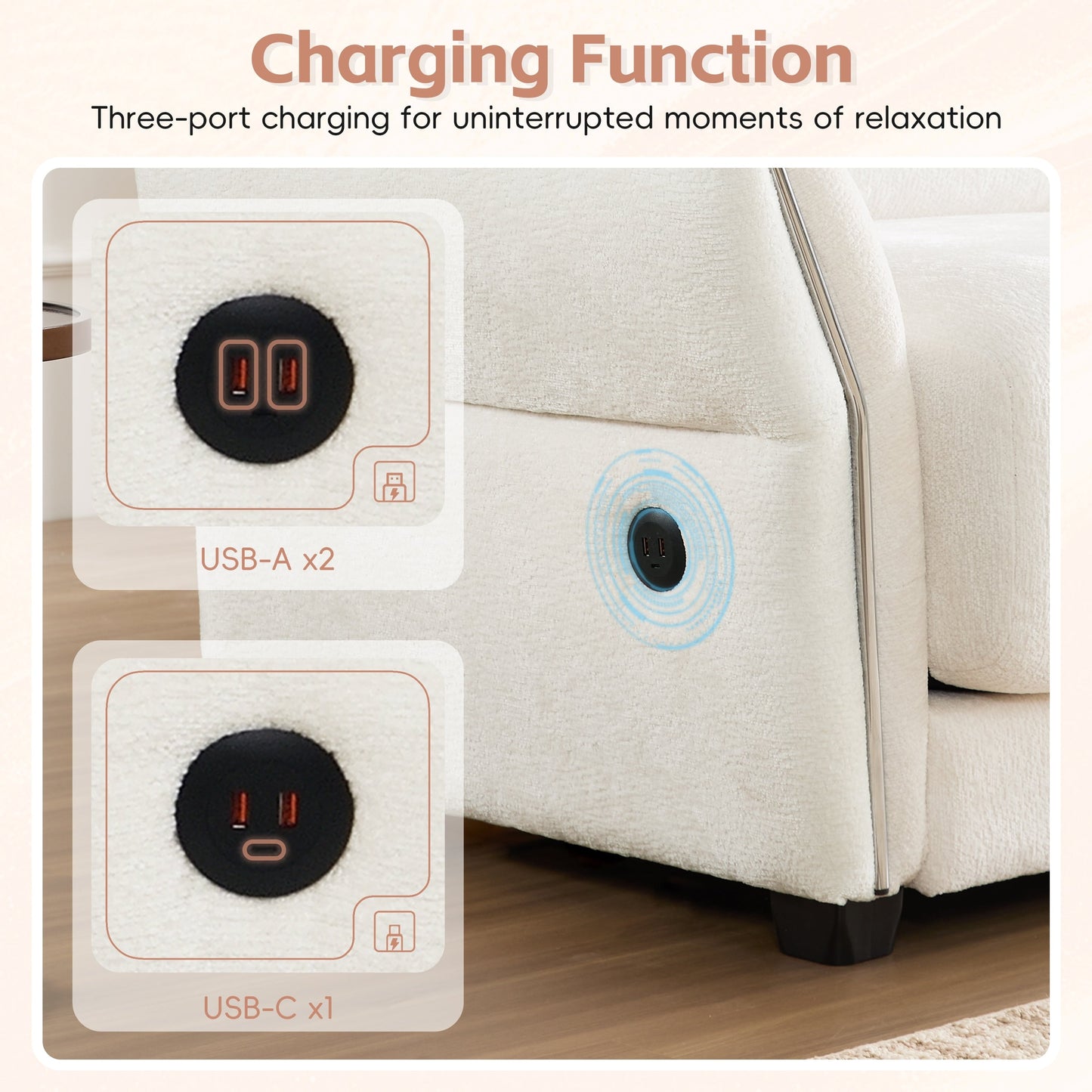 Canapé sectionnel en chenille de 110 pouces en forme de L avec chargement USB et Type-C, accoudoirs en pétales et pouf amovible pour le salon