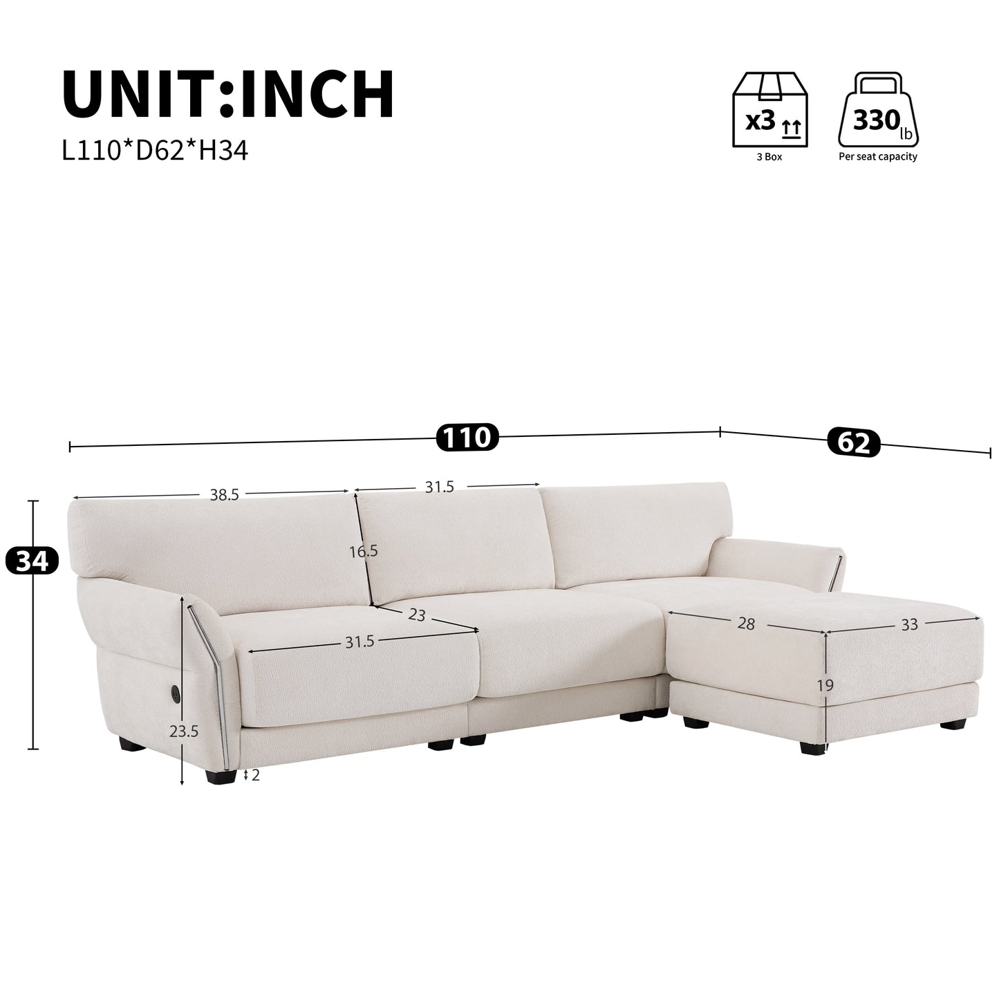 Canapé sectionnel en chenille de 110 pouces en forme de L avec chargement USB et Type-C, accoudoirs en pétales et pouf amovible pour le salon