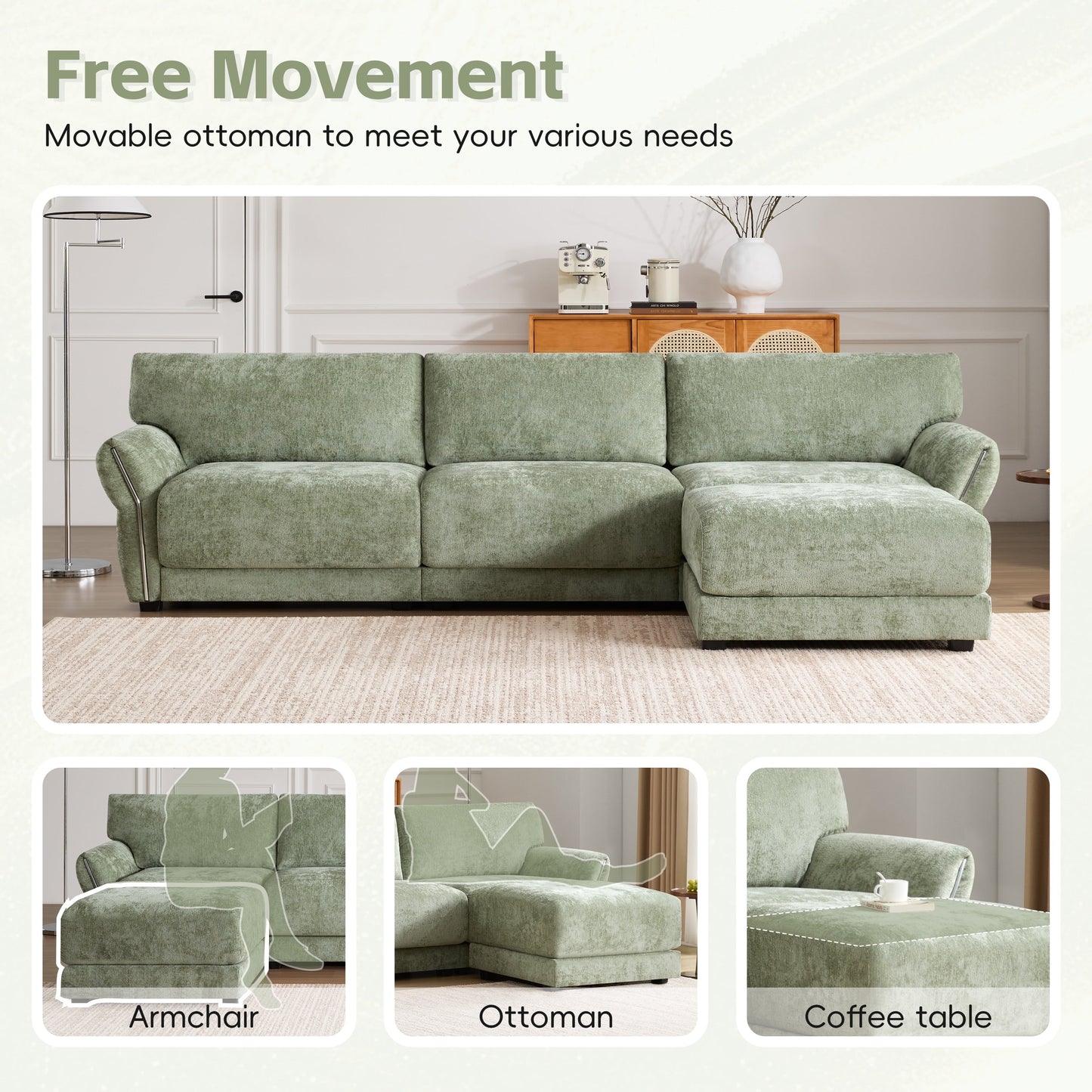 Canapé sectionnel en chenille de 110 pouces en forme de L avec chargement USB et Type-C, accoudoirs en pétales et pouf amovible pour le salon