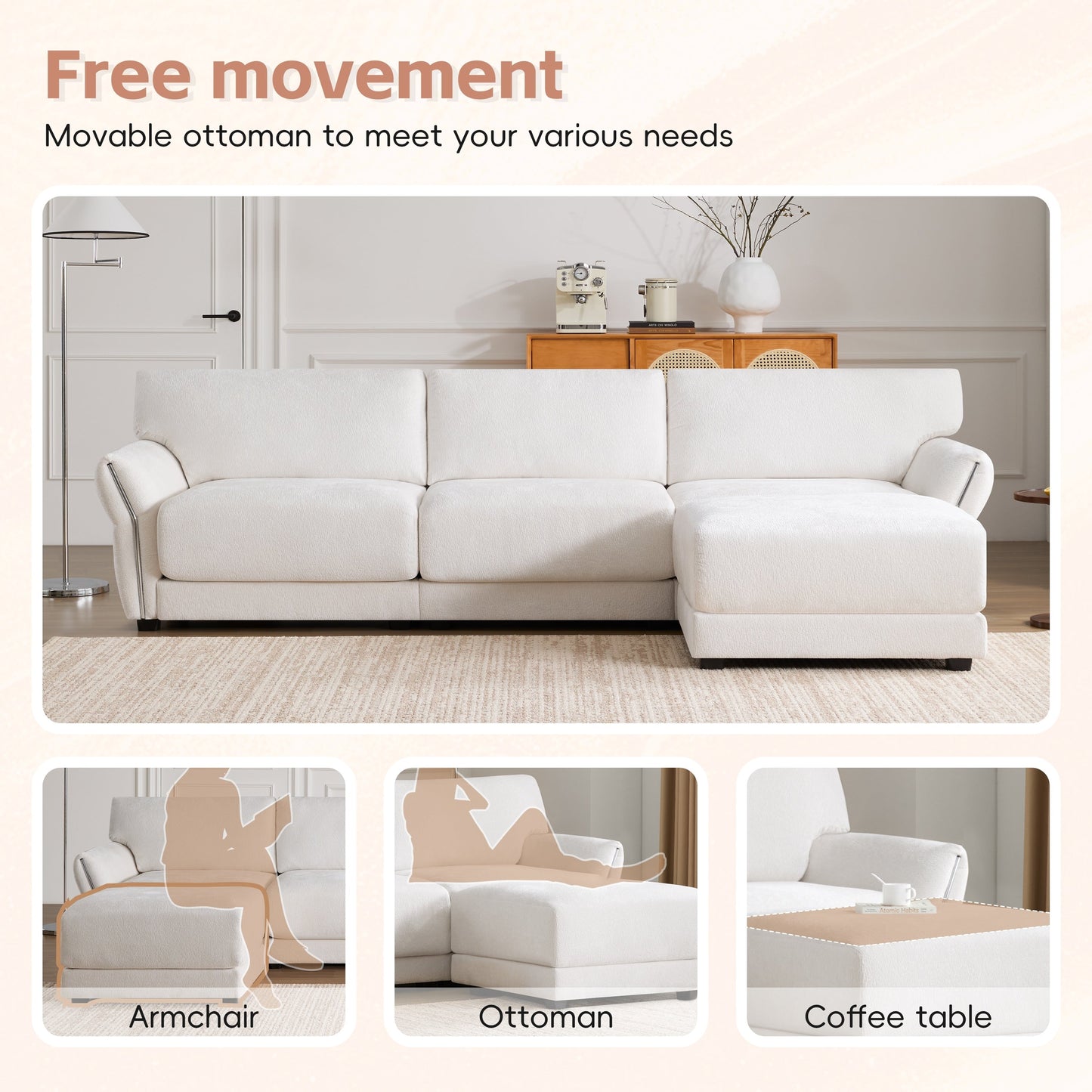 Canapé sectionnel en chenille de 110 pouces en forme de L avec chargement USB et Type-C, accoudoirs en pétales et pouf amovible pour le salon