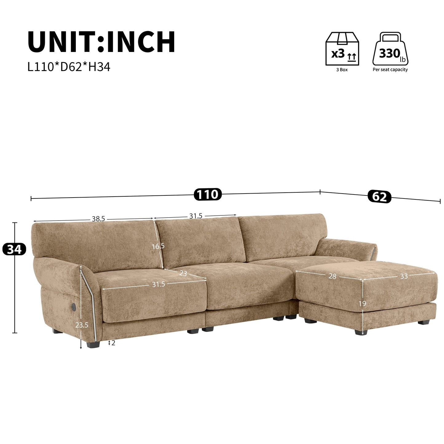 Canapé sectionnel en chenille de 110 pouces en forme de L avec chargement USB et Type-C, accoudoirs en pétales et pouf amovible pour le salon
