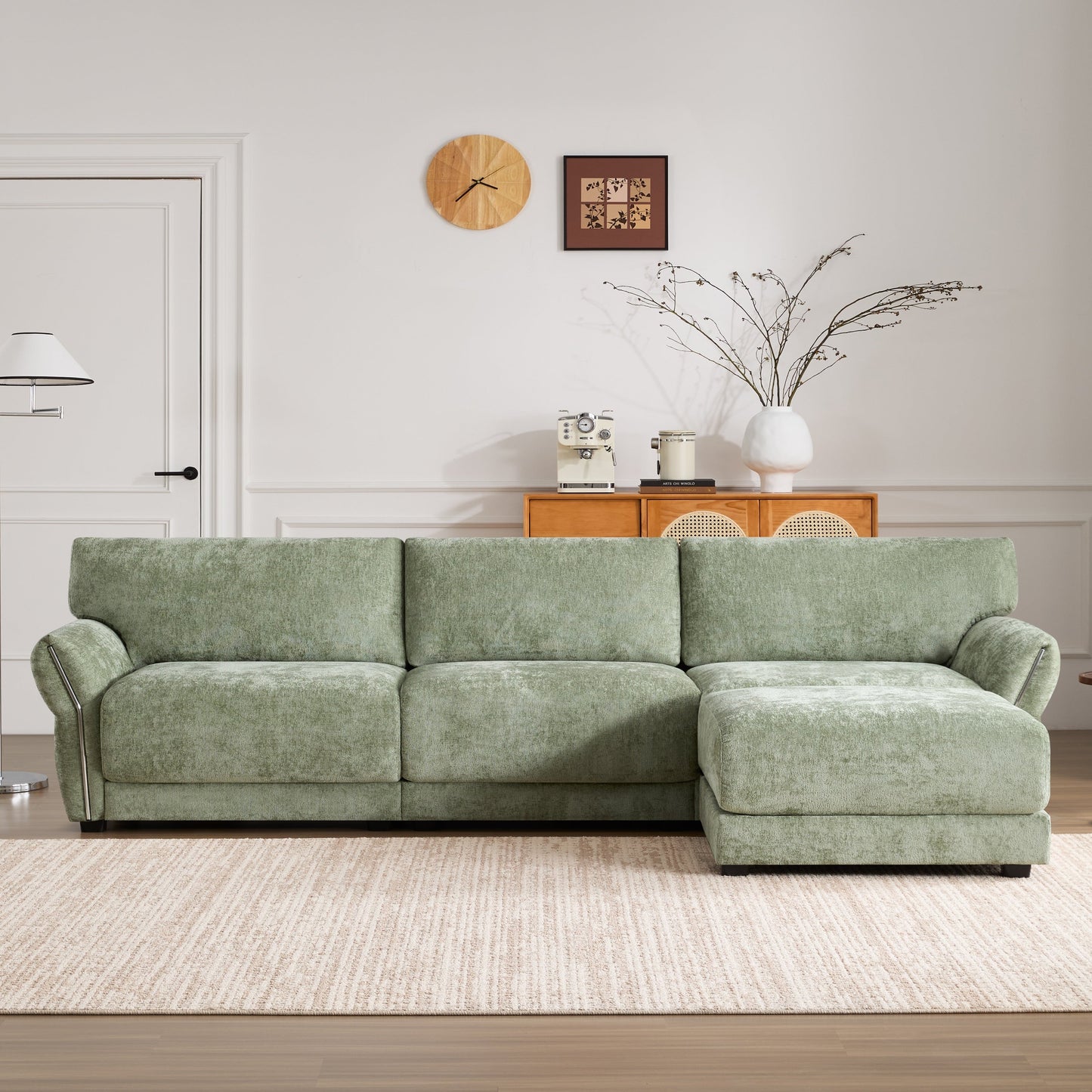 Canapé sectionnel en chenille de 110 pouces en forme de L avec chargement USB et Type-C, accoudoirs en pétales et pouf amovible pour le salon