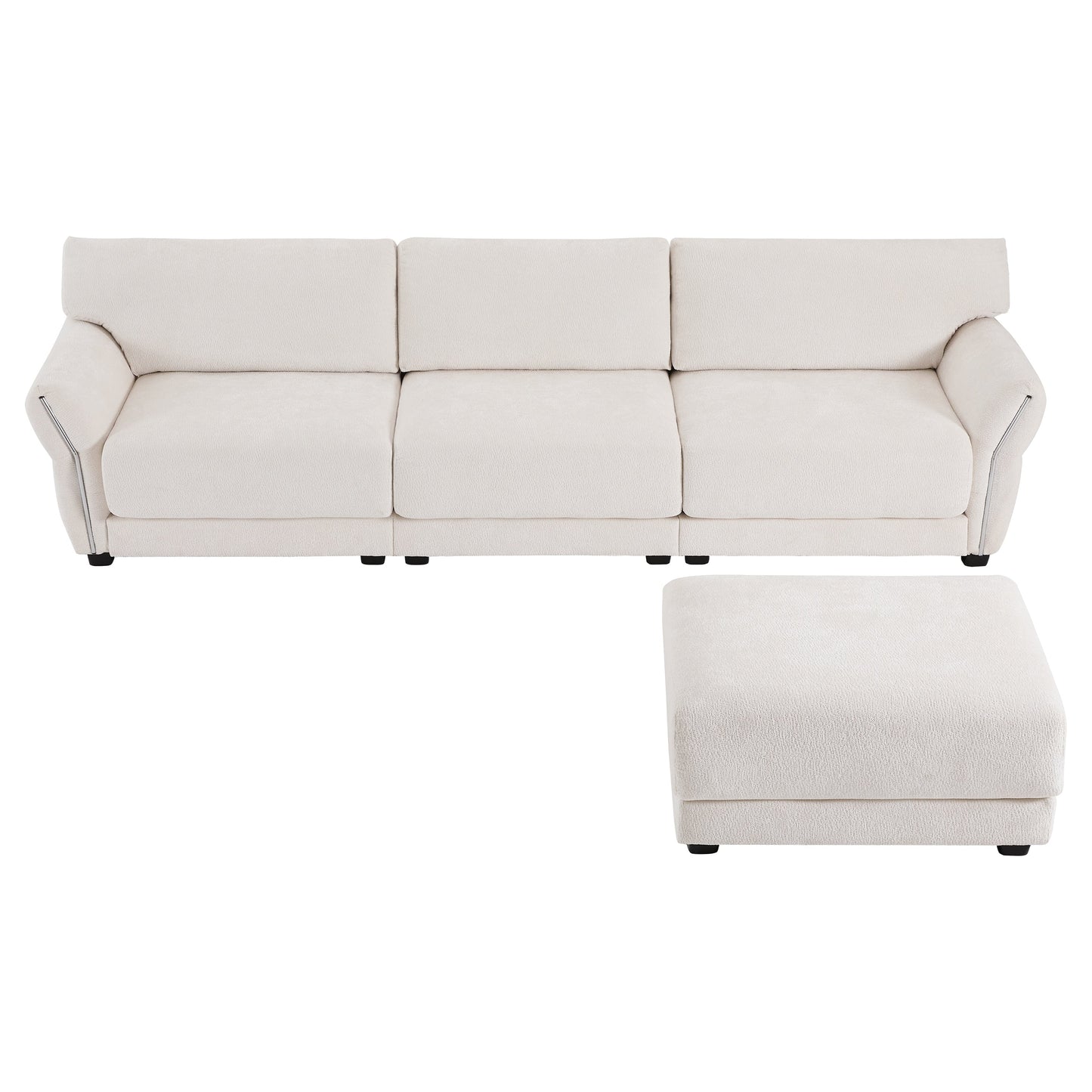 Canapé sectionnel en chenille de 110 pouces en forme de L avec chargement USB et Type-C, accoudoirs en pétales et pouf amovible pour le salon