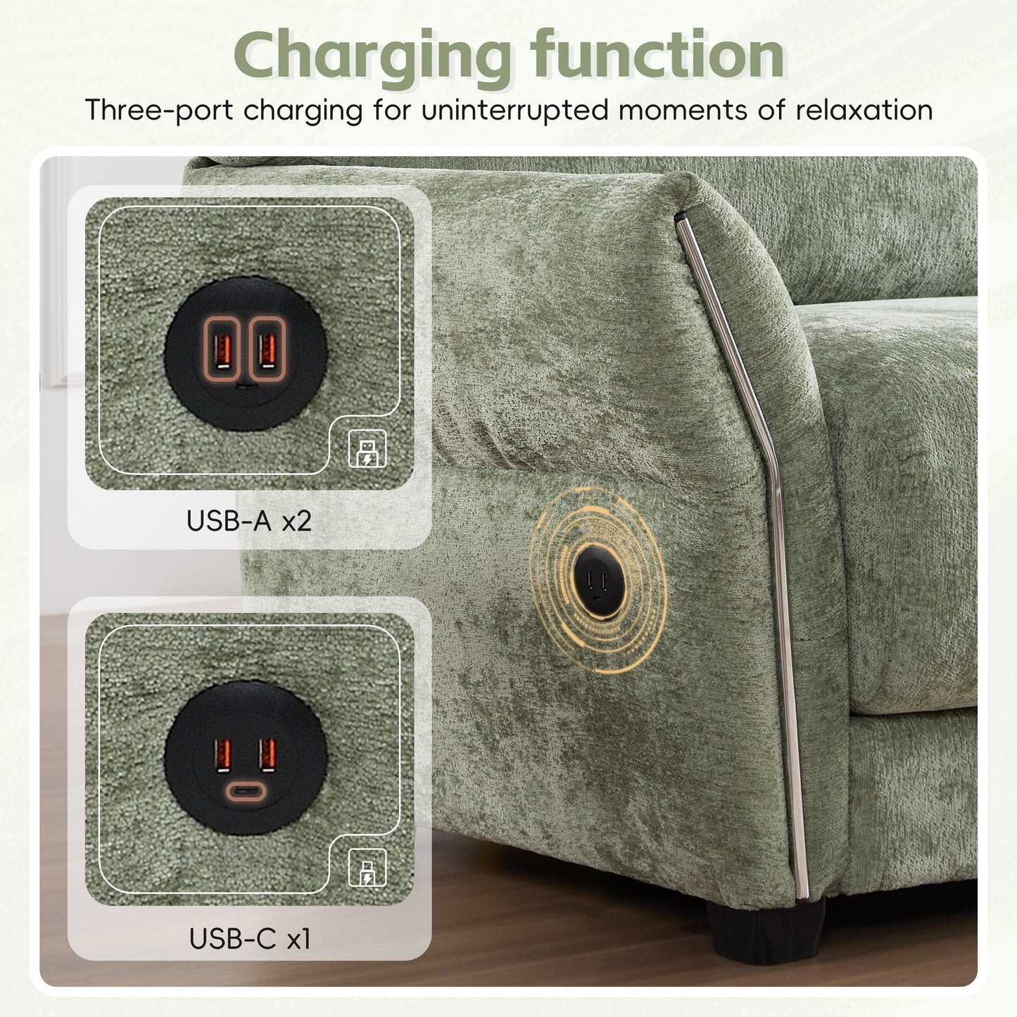 Canapé sectionnel en chenille de 110 pouces en forme de L avec chargement USB et Type-C, accoudoirs en pétales et pouf amovible pour le salon