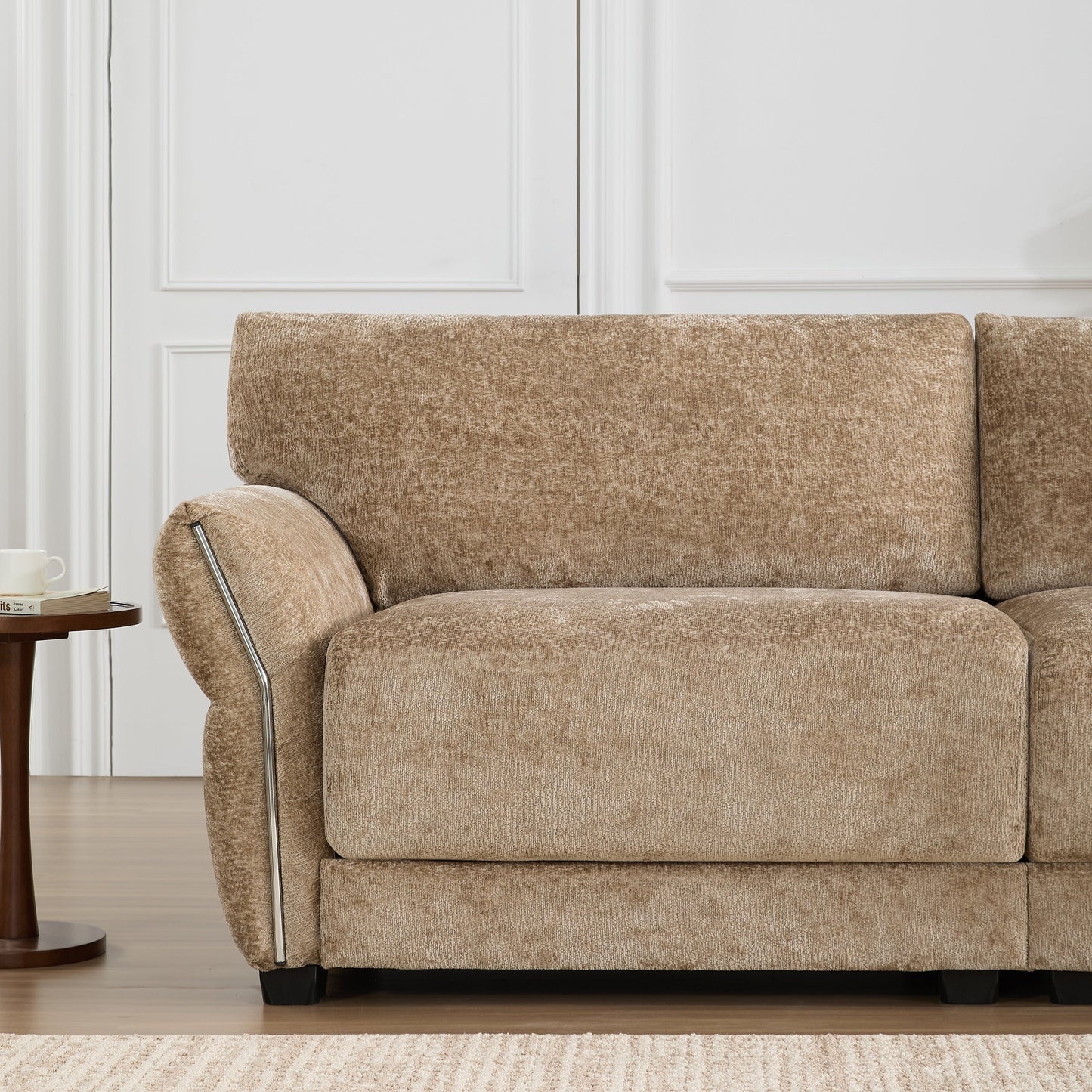 Canapé sectionnel en chenille de 110 pouces en forme de L avec chargement USB et Type-C, accoudoirs en pétales et pouf amovible pour le salon