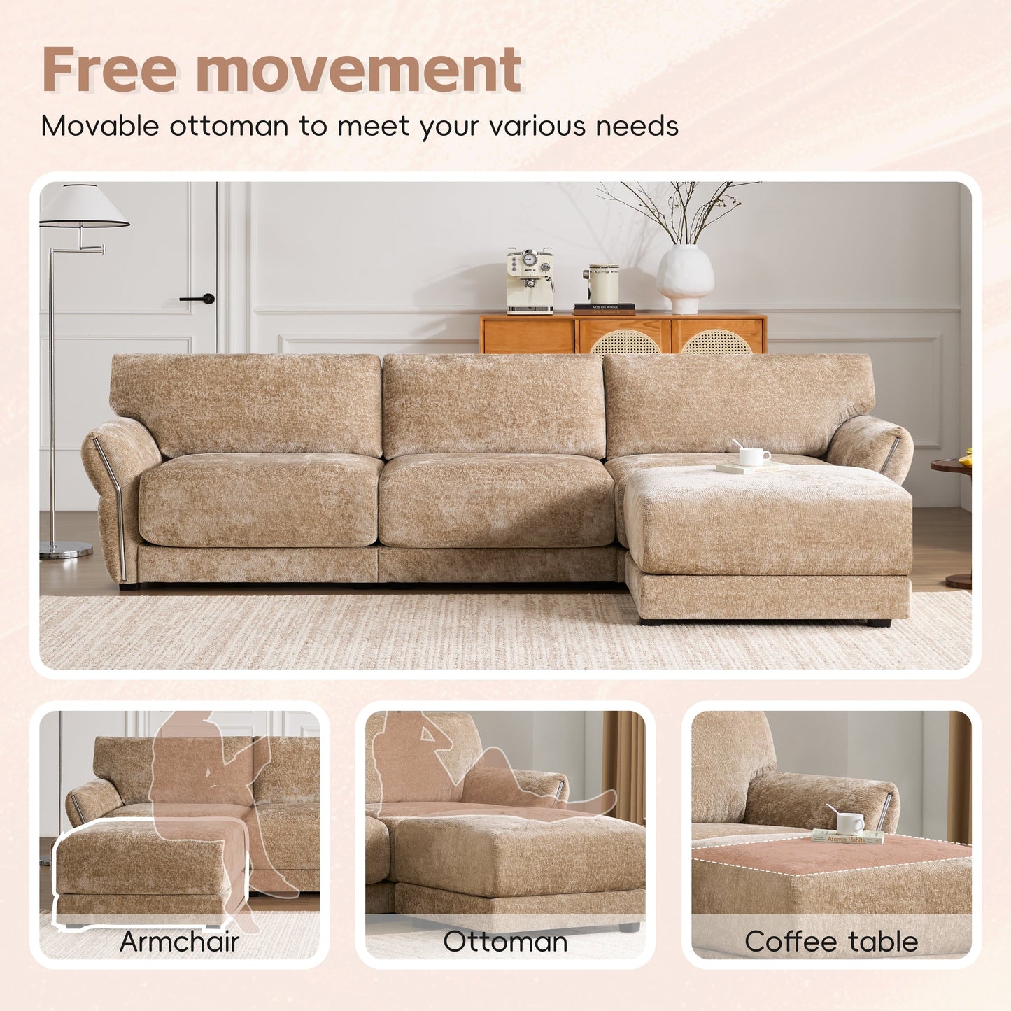 Canapé sectionnel en chenille de 110 pouces en forme de L avec chargement USB et Type-C, accoudoirs en pétales et pouf amovible pour le salon