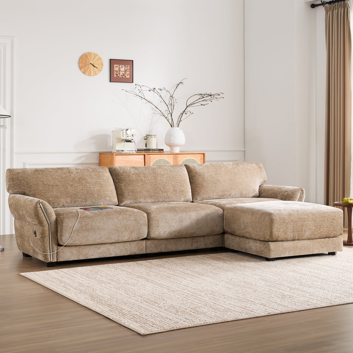 Canapé sectionnel en chenille de 110 pouces en forme de L avec chargement USB et Type-C, accoudoirs en pétales et pouf amovible pour le salon