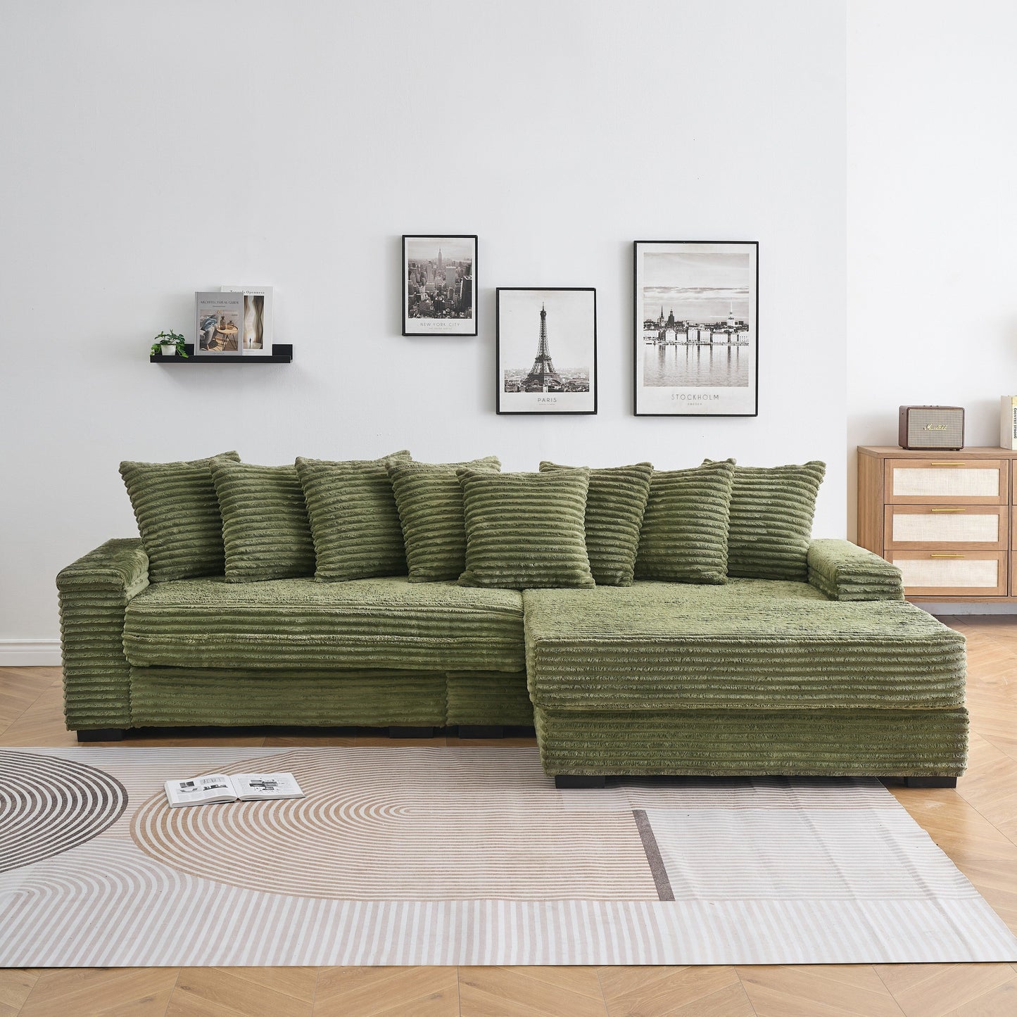 Canapé en velours côtelé en forme de L avec 8 coussins et repose-pieds