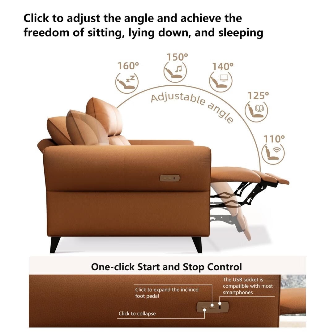 Canapé inclinable électrique en cuir végétalien de 112,5 pouces avec port de chargement USB