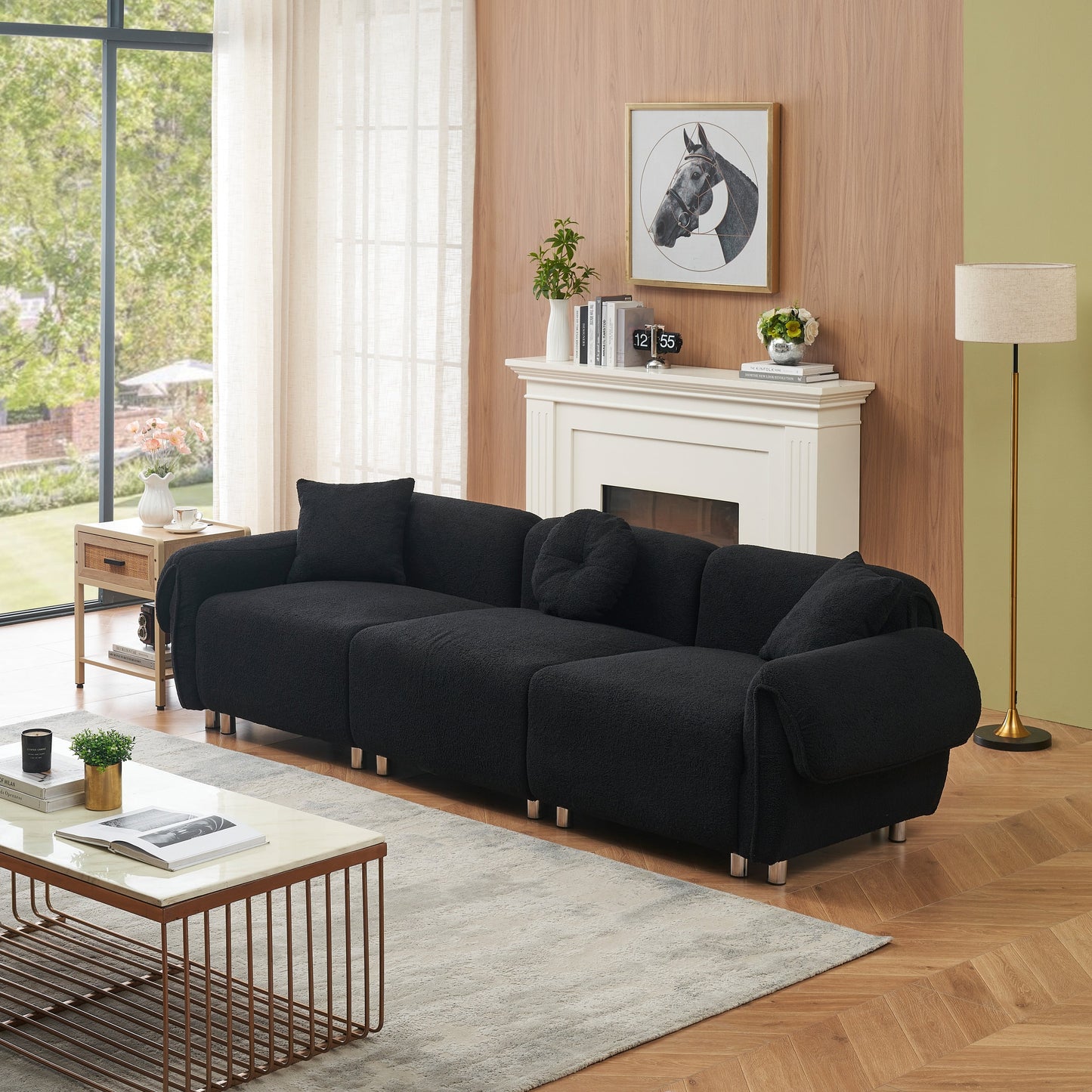 Canapé 3 places en tissu Teddy de 112 pouces avec 3 oreillers, résistant aux rayures, avec rembourrage moelleux et pieds en métal
