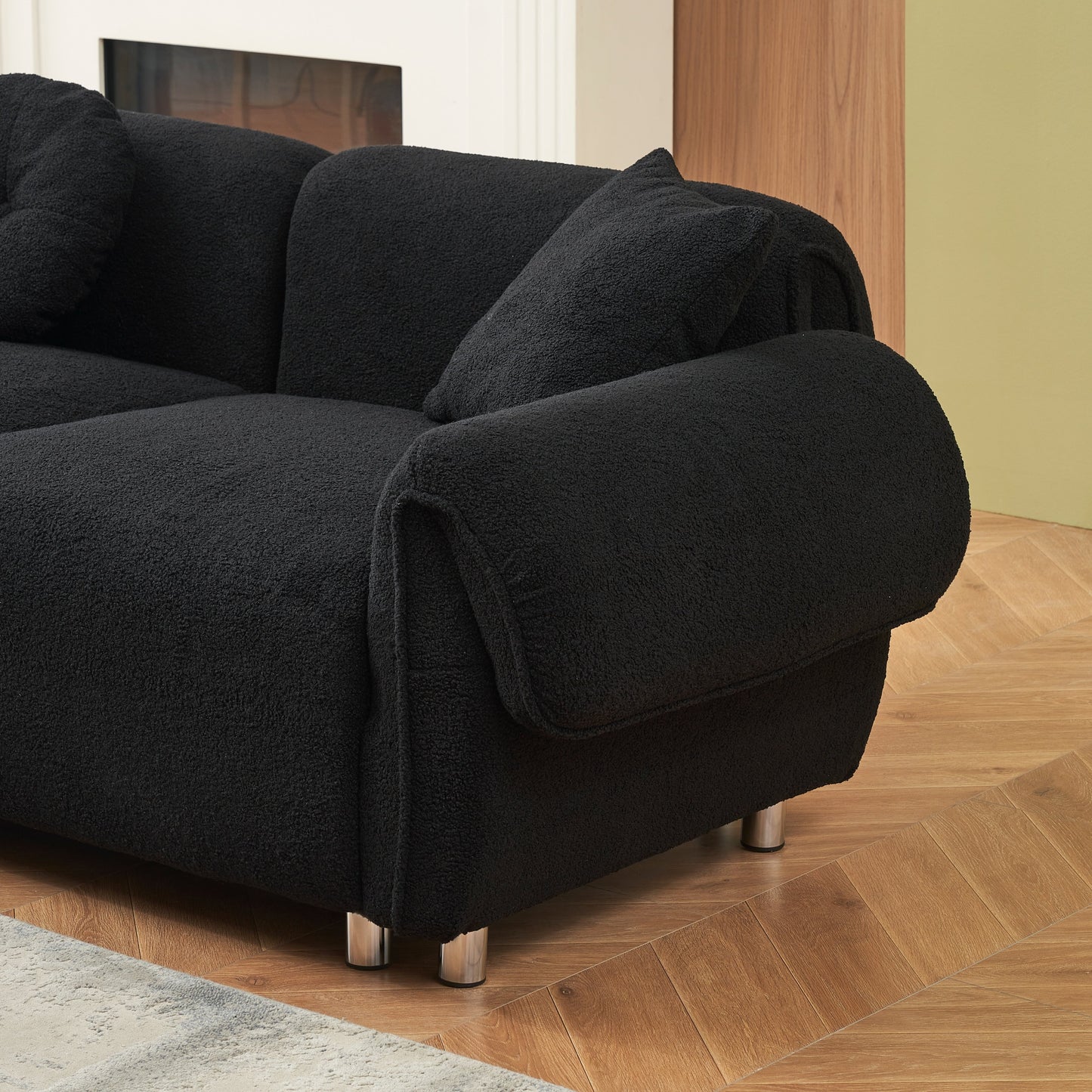 Canapé 3 places en tissu Teddy de 112 pouces avec 3 oreillers, résistant aux rayures, avec rembourrage moelleux et pieds en métal