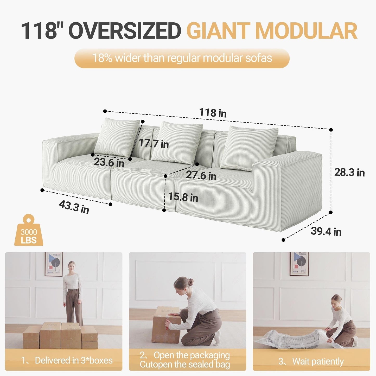 Canapé-lit convertible modulaire 3 places de 118 pouces en velours côtelé blanc