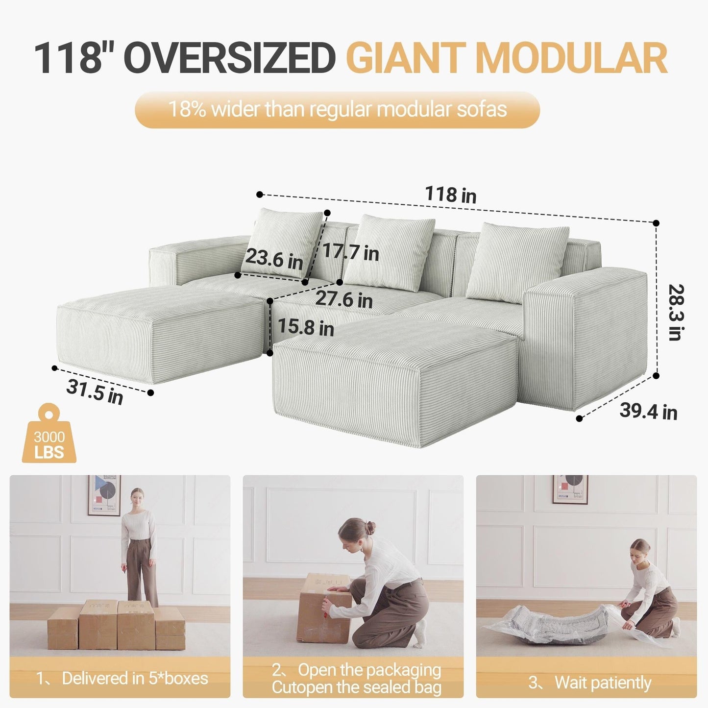 Canapé-lit convertible modulaire 3 places de 118 pouces avec repose-pieds en velours blanc nuage