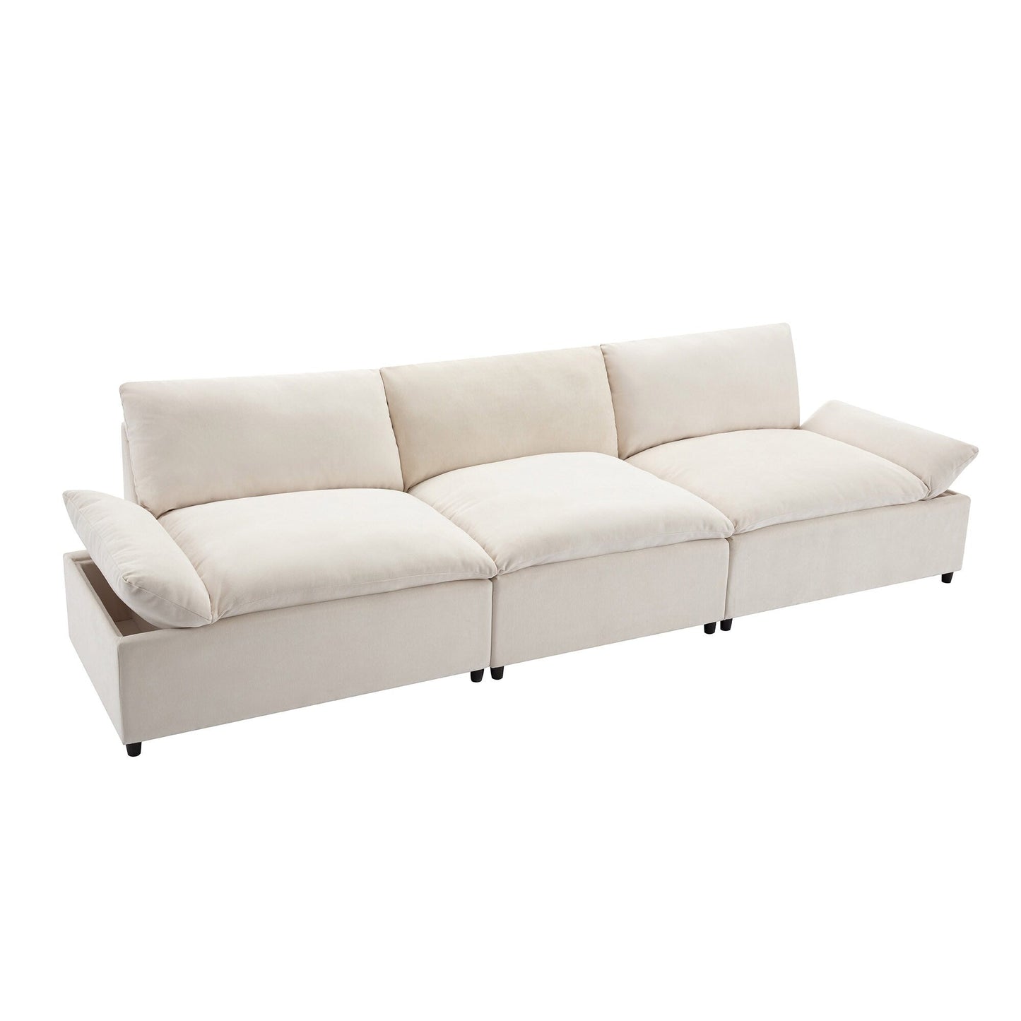 Grand canapé 3 places en polyester de 119,5 pouces avec 2 unités de rangement et pieds en bois d'hévéa pour le salon