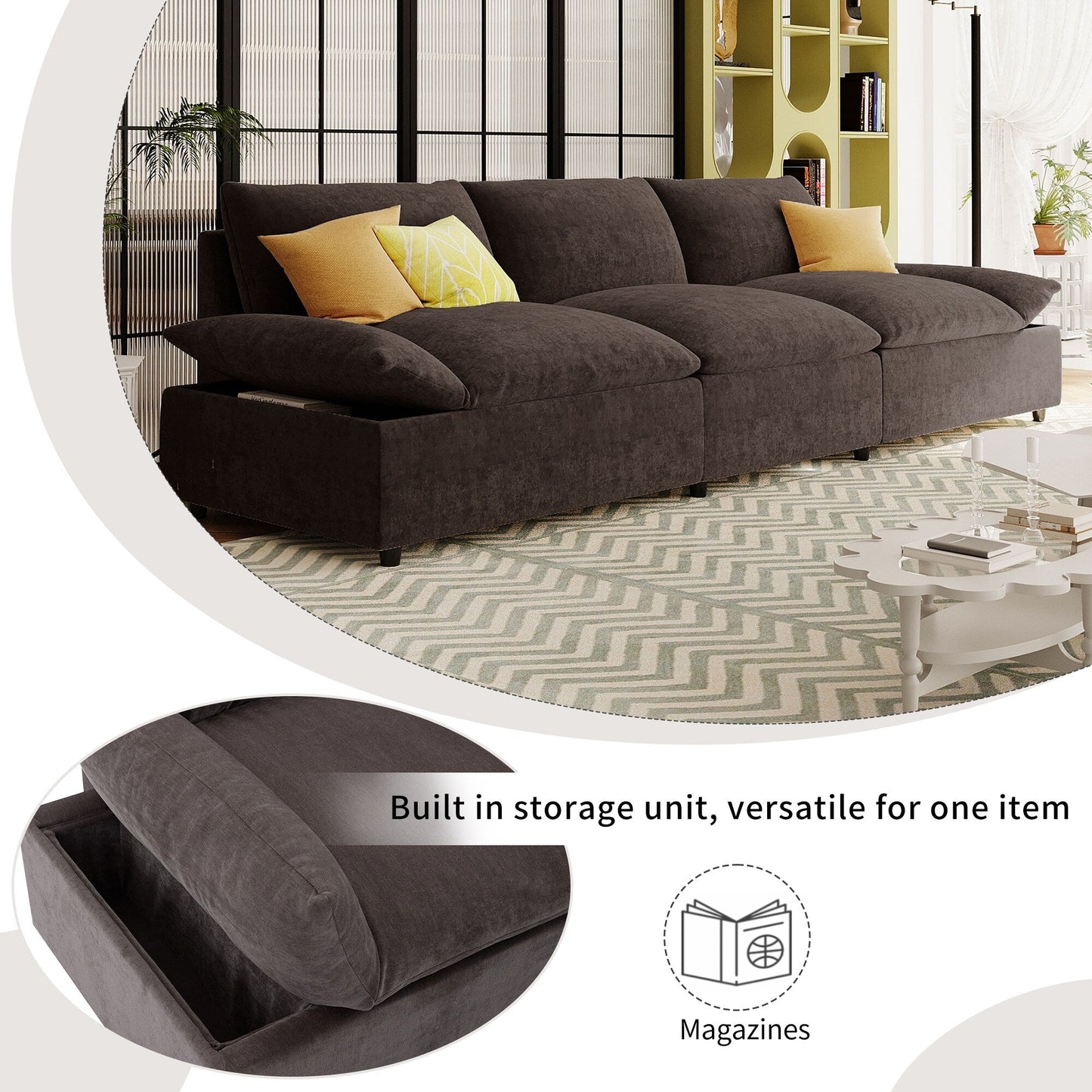 Grand canapé 3 places en polyester de 119,5 pouces avec 2 unités de rangement et pieds en bois d'hévéa pour le salon