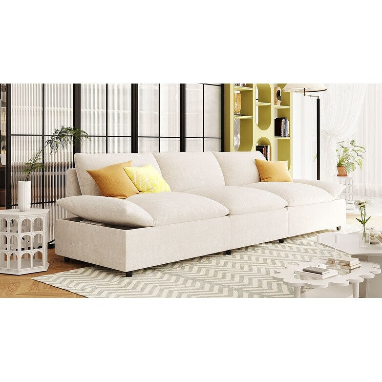 Grand canapé 3 places en polyester de 119,5 pouces avec 2 unités de rangement et pieds en bois d'hévéa pour le salon