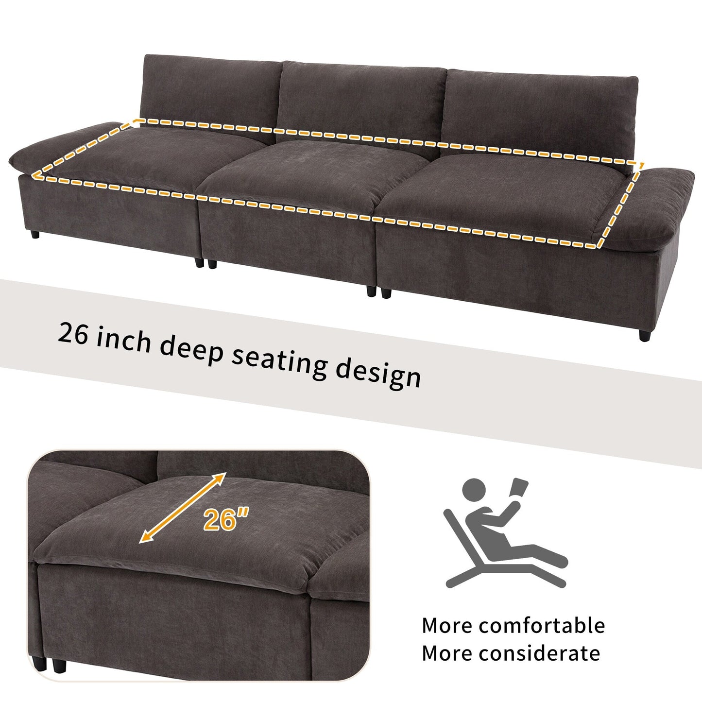 Grand canapé 3 places en polyester de 119,5 pouces avec 2 unités de rangement et pieds en bois d'hévéa pour le salon
