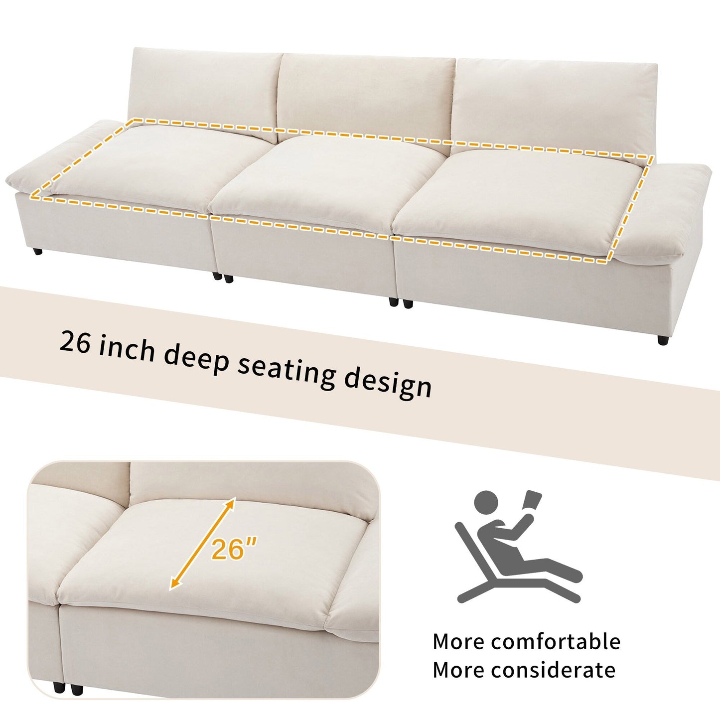 Grand canapé 3 places en polyester de 119,5 pouces avec 2 unités de rangement et pieds en bois d'hévéa pour le salon
