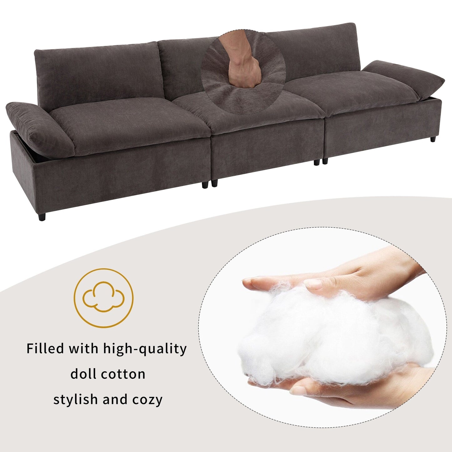 Grand canapé 3 places en polyester de 119,5 pouces avec 2 unités de rangement et pieds en bois d'hévéa pour le salon