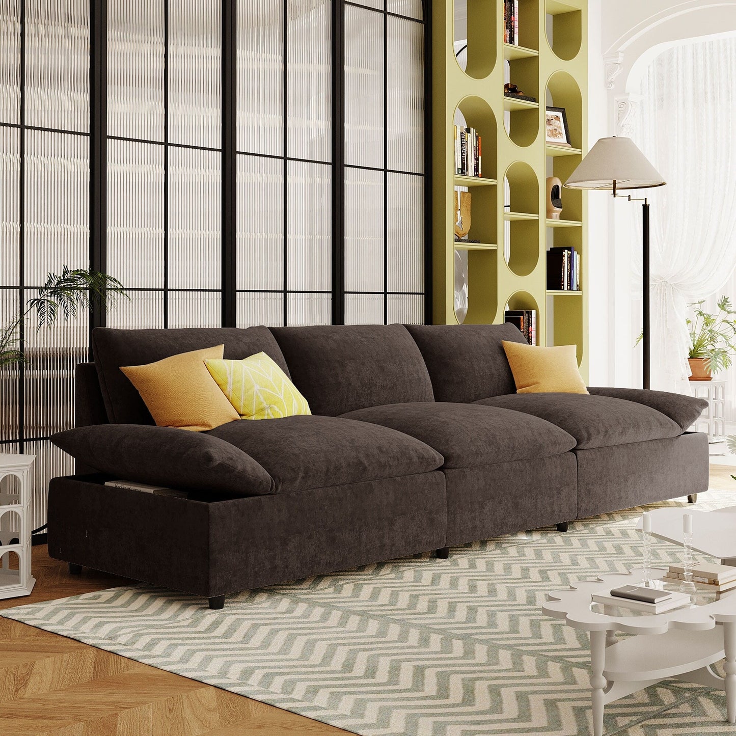 Grand canapé 3 places en polyester de 119,5 pouces avec 2 unités de rangement et pieds en bois d'hévéa pour le salon