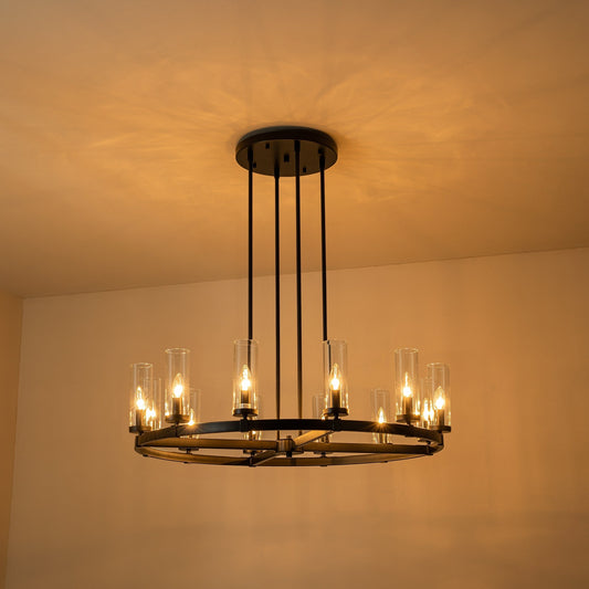 Lustre à 12 lumières en forme de roue de chariot, style moderne du milieu du siècle, en verre transparent, de couleur or/noir, grand modèle