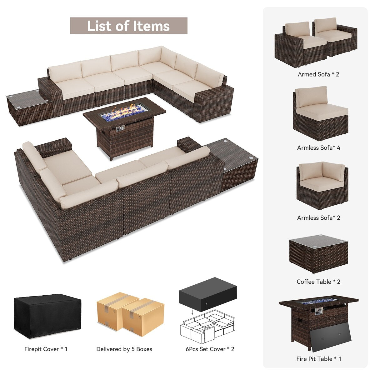 Ensemble de meubles de patio 13 pièces avec table de foyer 44