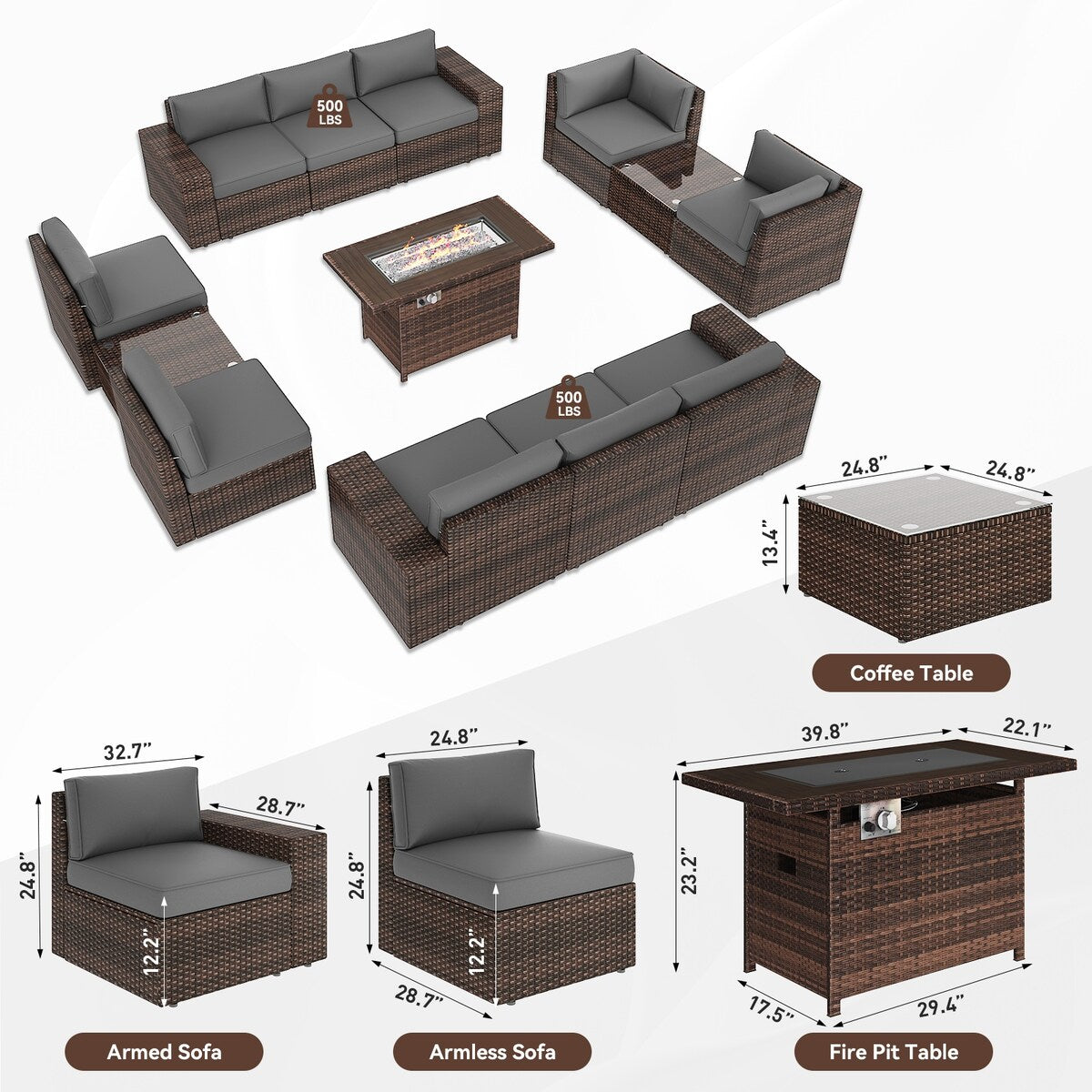Ensemble de meubles de patio 13 pièces avec table de foyer 44