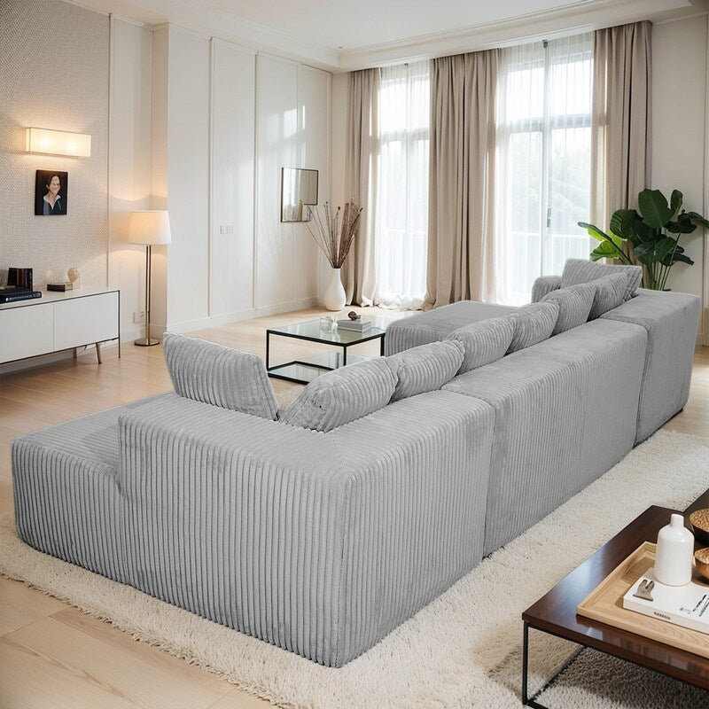 Canapé modulable réversible 4 places en U 130 en velours côtelé rayé gris – Agencement personnalisable pour salon et chambre