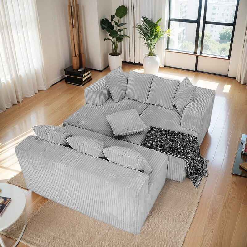 Canapé modulable réversible 4 places en U 130 en velours côtelé rayé gris – Agencement personnalisable pour salon et chambre