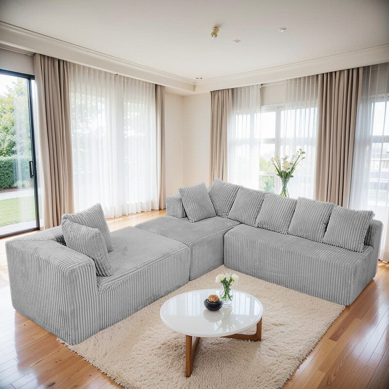 Canapé modulable réversible 4 places en U 130 en velours côtelé rayé gris – Agencement personnalisable pour salon et chambre