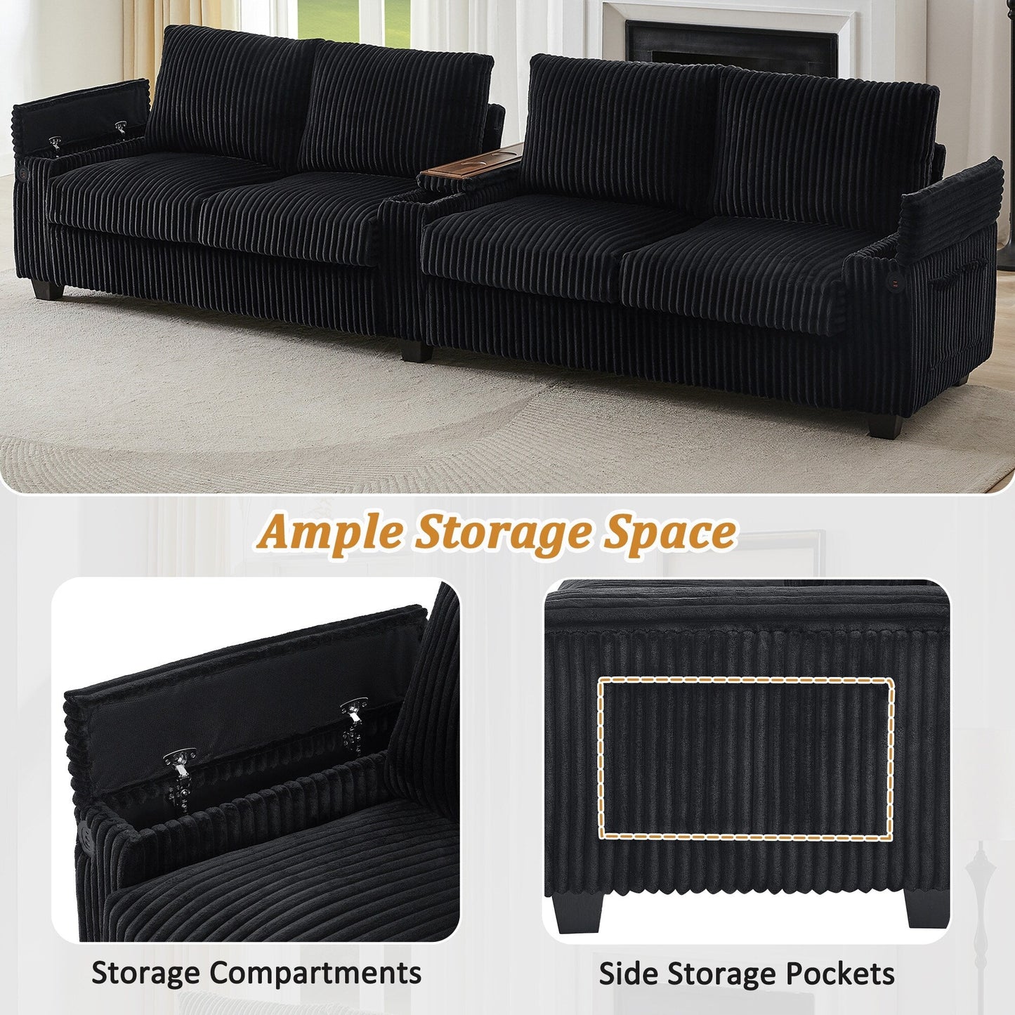 Canapé 4 places en velours côtelé 133 avec ports USB, porte-gobelets rabattables et rangement dissimulé