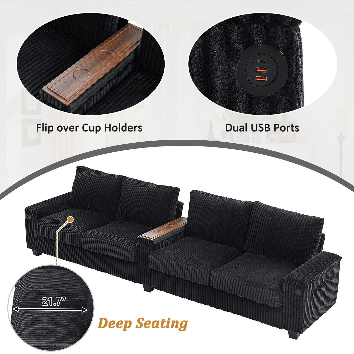 Canapé 4 places en velours côtelé 133 avec ports USB, porte-gobelets rabattables et rangement dissimulé