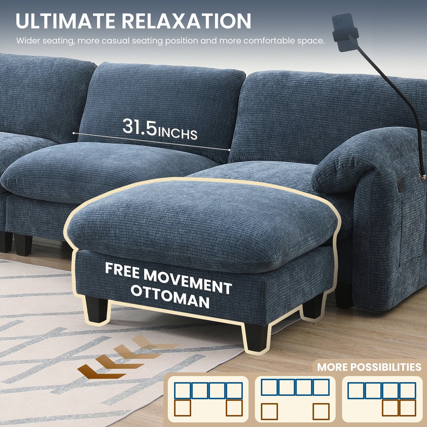 Canapé sectionnel en chenille de 140 pouces avec ports de chargement USB et Type-C, supports pour téléphone, poches de rangement latérales et poufs mobiles