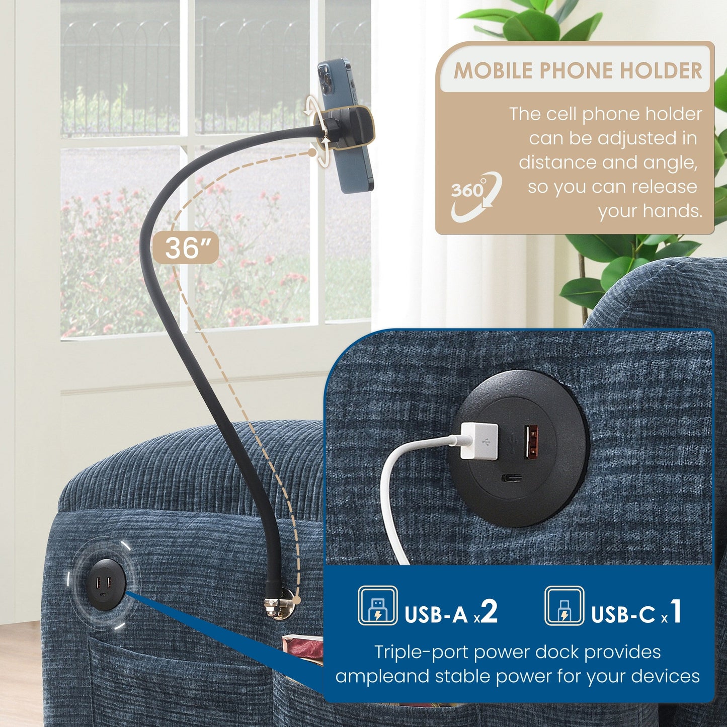 Canapé sectionnel en chenille de 140 pouces avec ports de chargement USB et Type-C, supports pour téléphone, poches de rangement latérales et poufs mobiles