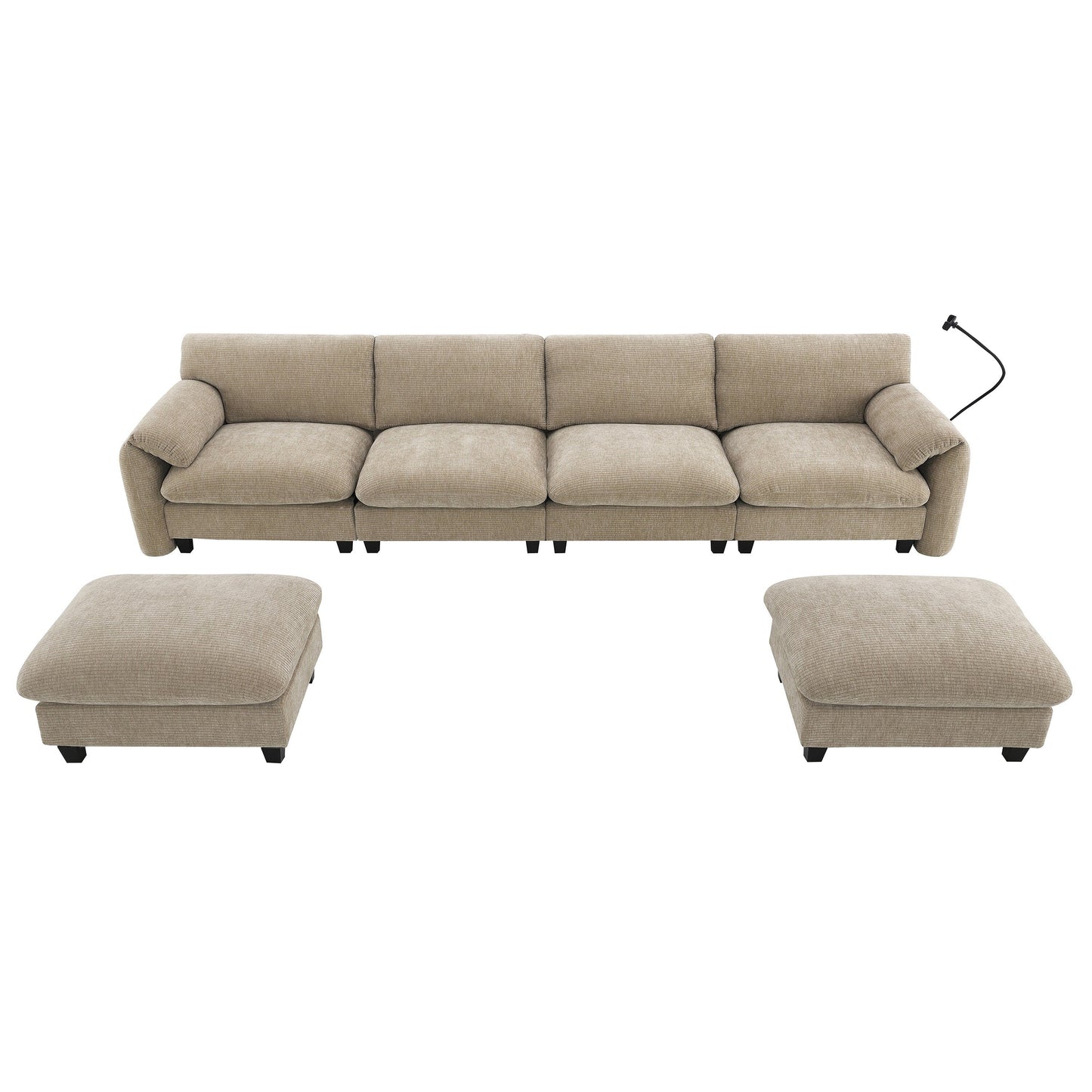 Canapé sectionnel en chenille de 140 pouces avec ports de chargement USB et Type-C, supports pour téléphone, poches de rangement latérales et poufs mobiles