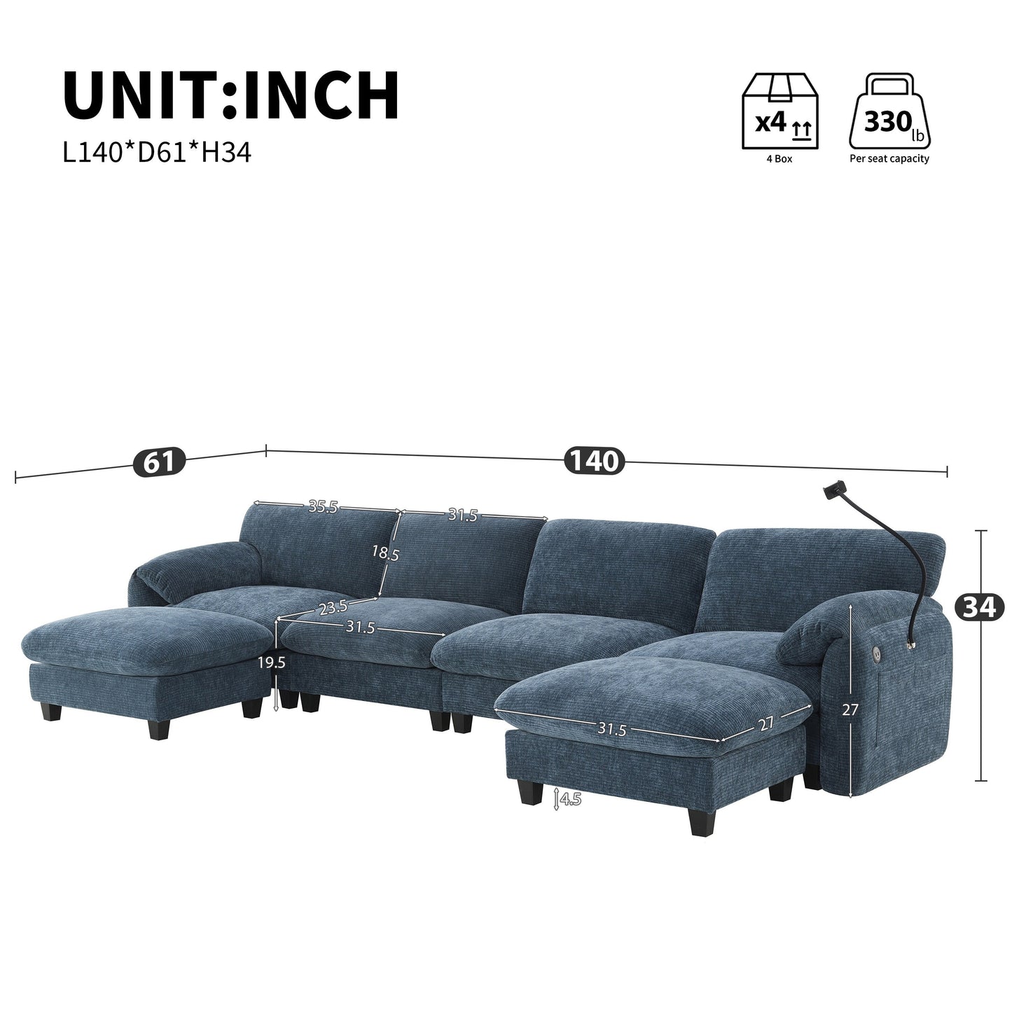 Canapé sectionnel en chenille de 140 pouces avec ports de chargement USB et Type-C, supports pour téléphone, poches de rangement latérales et poufs mobiles