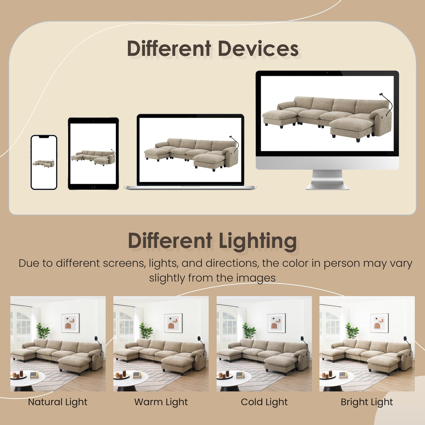 Canapé sectionnel en chenille de 140 pouces avec ports de chargement USB et Type-C, supports pour téléphone, poches de rangement latérales et poufs mobiles
