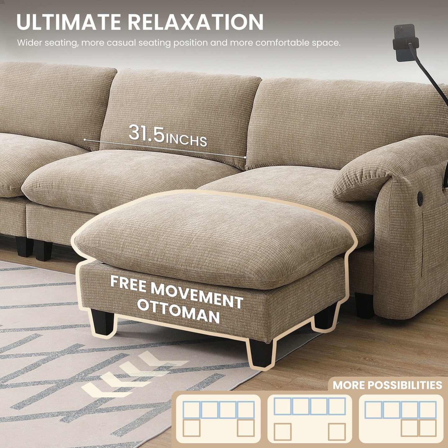 Canapé sectionnel en chenille de 140 pouces avec ports de chargement USB et Type-C, supports pour téléphone, poches de rangement latérales et poufs mobiles