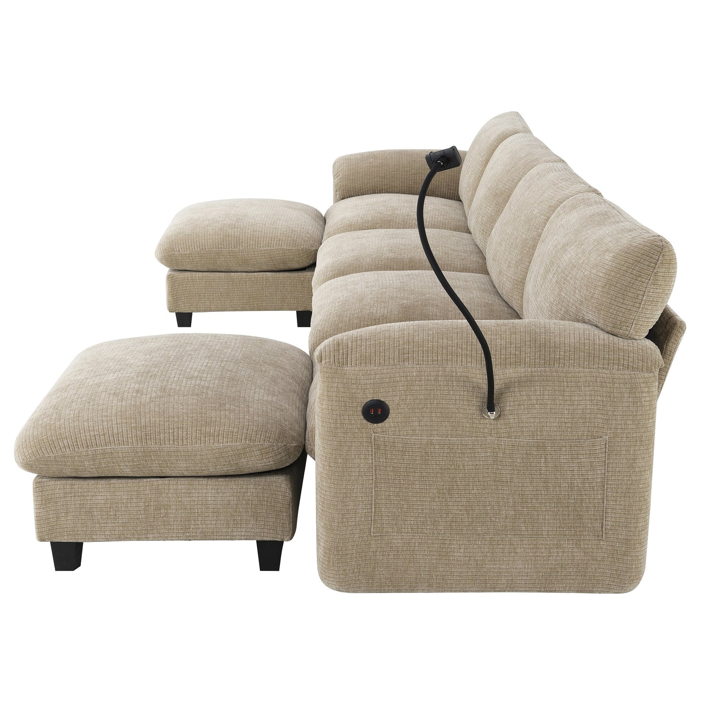 Canapé sectionnel en chenille de 140 pouces avec ports de chargement USB et Type-C, supports pour téléphone, poches de rangement latérales et poufs mobiles