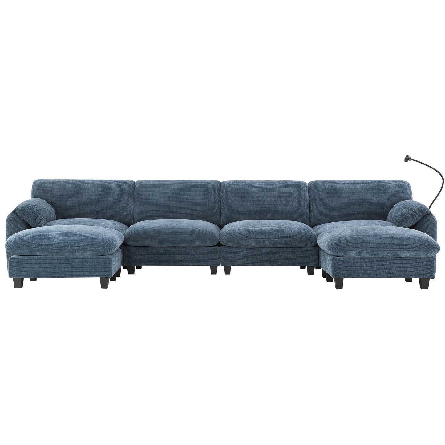 Canapé sectionnel en chenille de 140 pouces avec ports de chargement USB et Type-C, supports pour téléphone, poches de rangement latérales et poufs mobiles