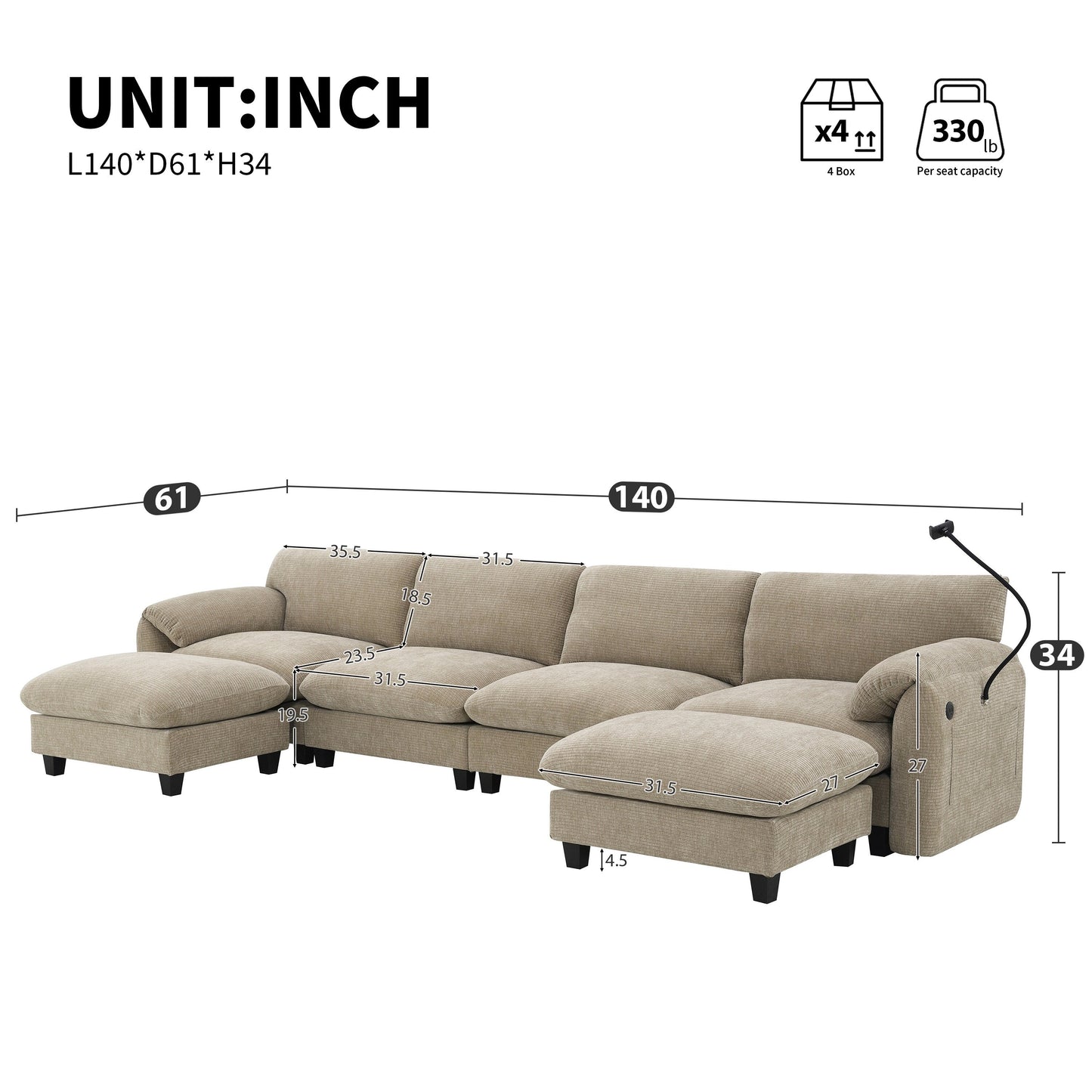 Canapé sectionnel en chenille de 140 pouces avec ports de chargement USB et Type-C, supports pour téléphone, poches de rangement latérales et poufs mobiles