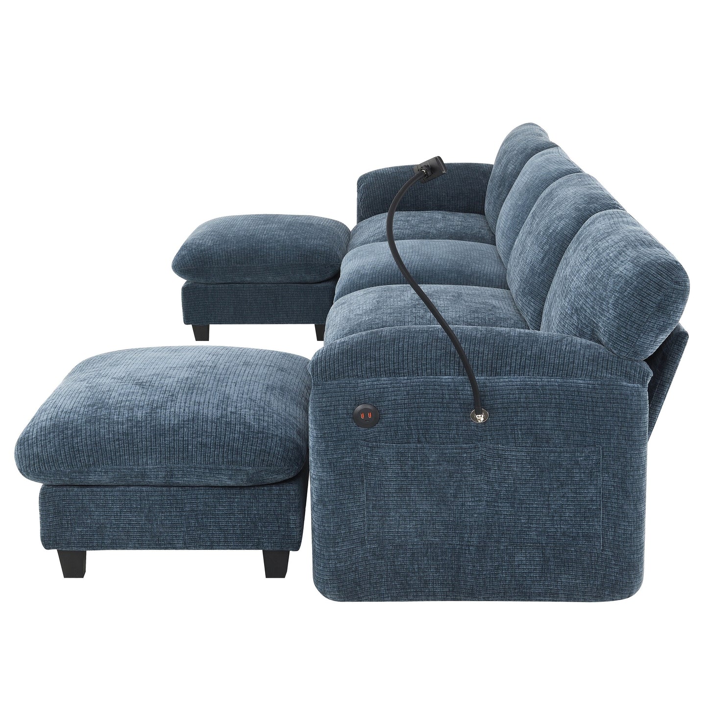 Canapé sectionnel en chenille de 140 pouces avec ports de chargement USB et Type-C, supports pour téléphone, poches de rangement latérales et poufs mobiles