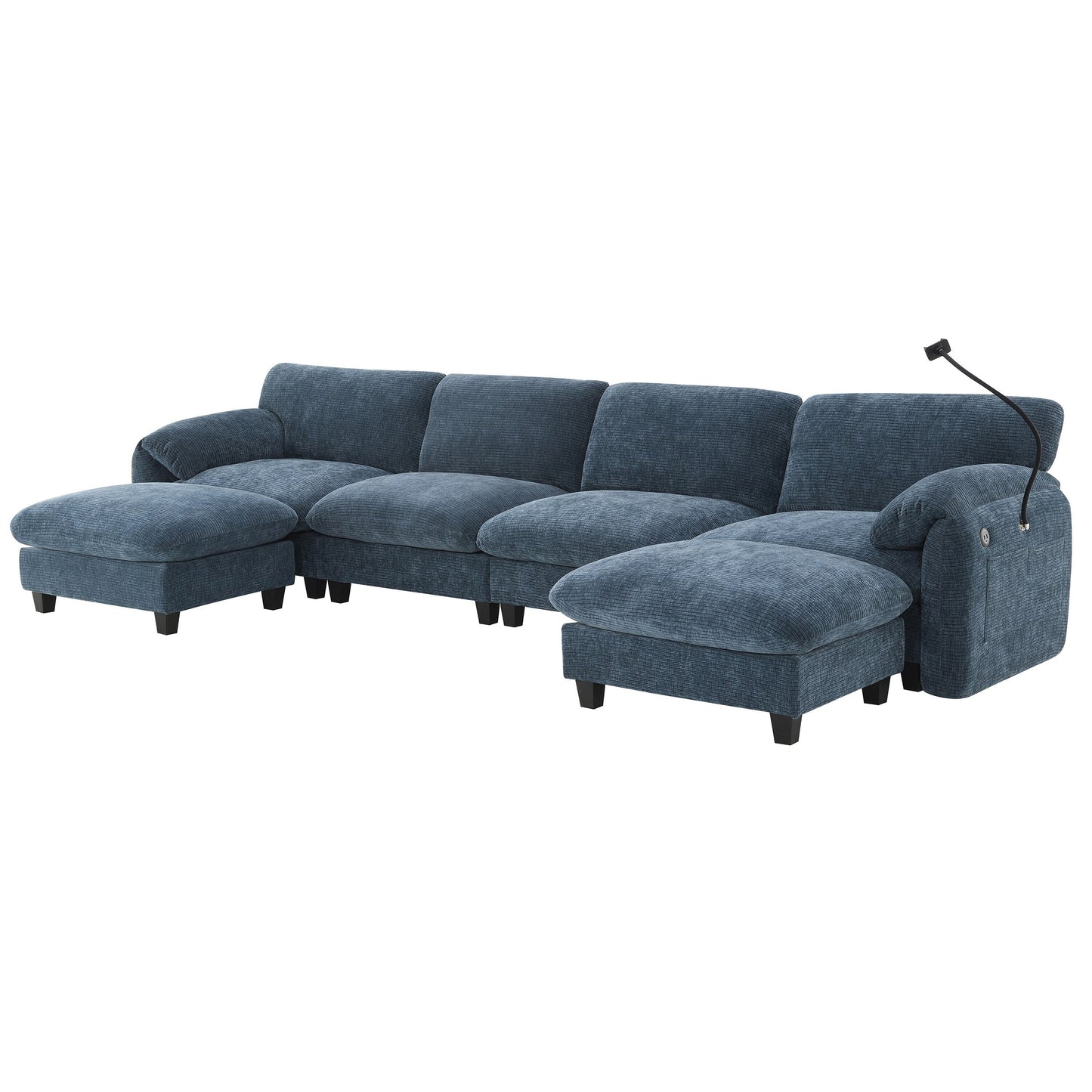 Canapé sectionnel en chenille de 140 pouces avec ports de chargement USB et Type-C, supports pour téléphone, poches de rangement latérales et poufs mobiles