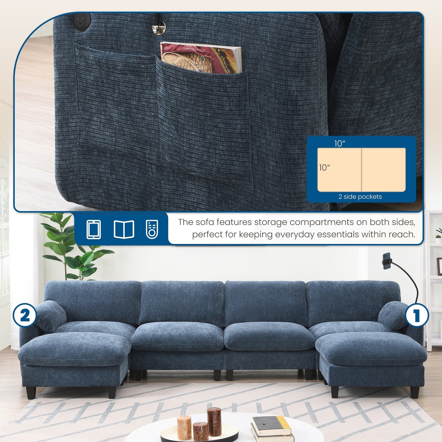 Canapé sectionnel en chenille de 140 pouces avec ports de chargement USB et Type-C, supports pour téléphone, poches de rangement latérales et poufs mobiles