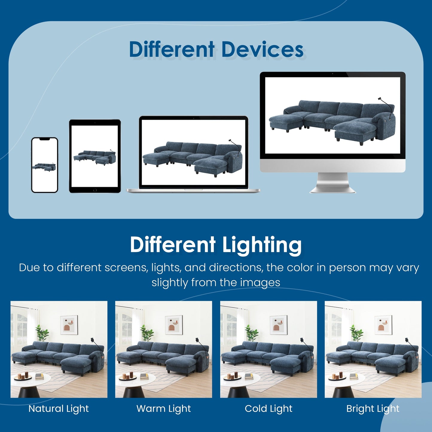 Canapé sectionnel en chenille de 140 pouces avec ports de chargement USB et Type-C, supports pour téléphone, poches de rangement latérales et poufs mobiles