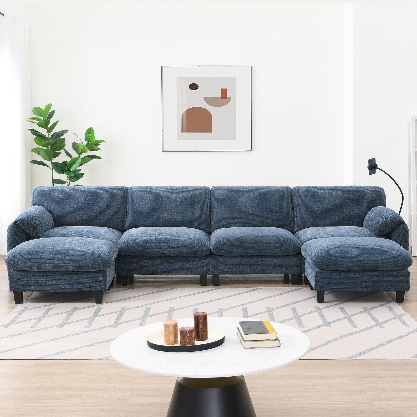 Canapé sectionnel en chenille de 140 pouces avec ports de chargement USB et Type-C, supports pour téléphone, poches de rangement latérales et poufs mobiles