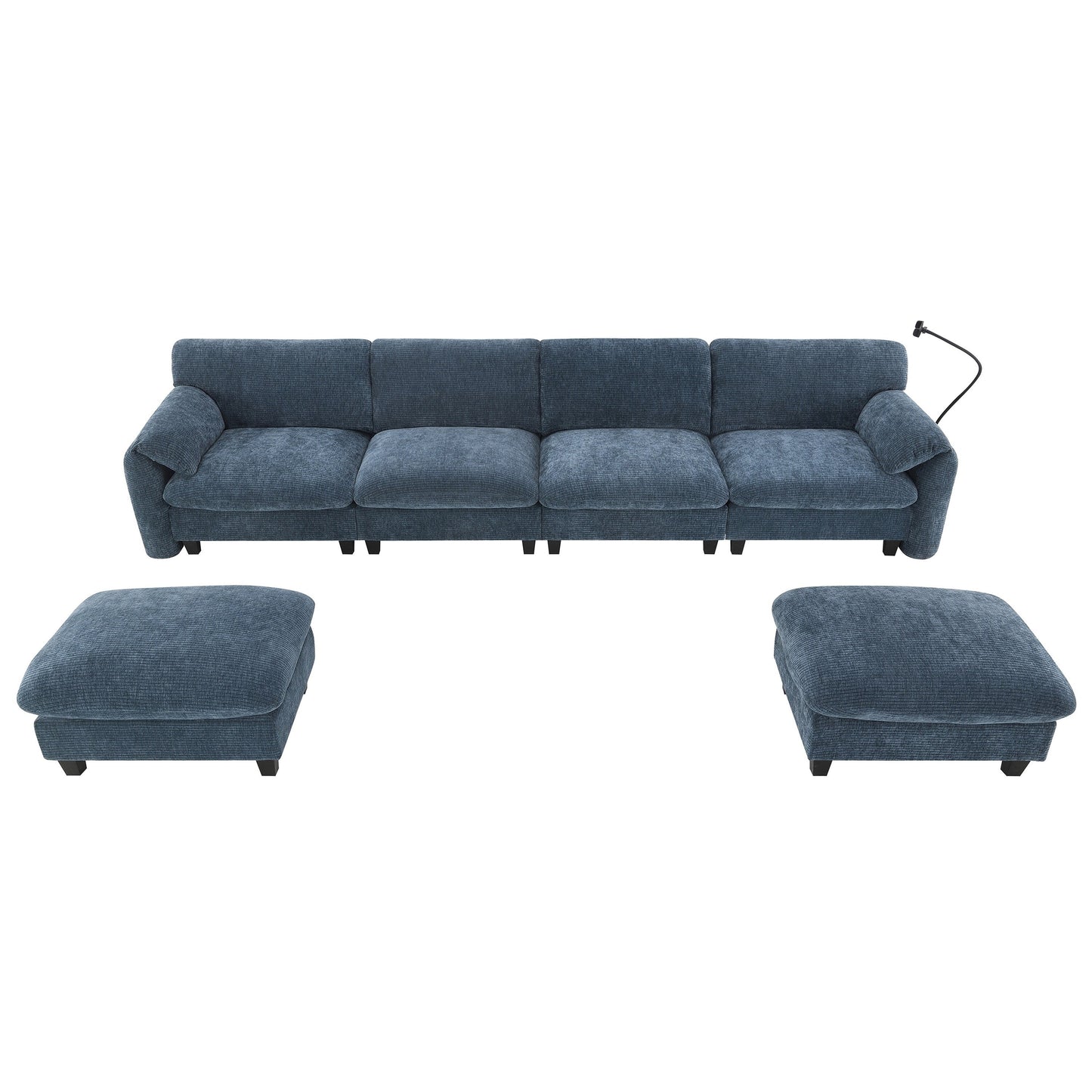 Canapé sectionnel en chenille de 140 pouces avec ports de chargement USB et Type-C, supports pour téléphone, poches de rangement latérales et poufs mobiles